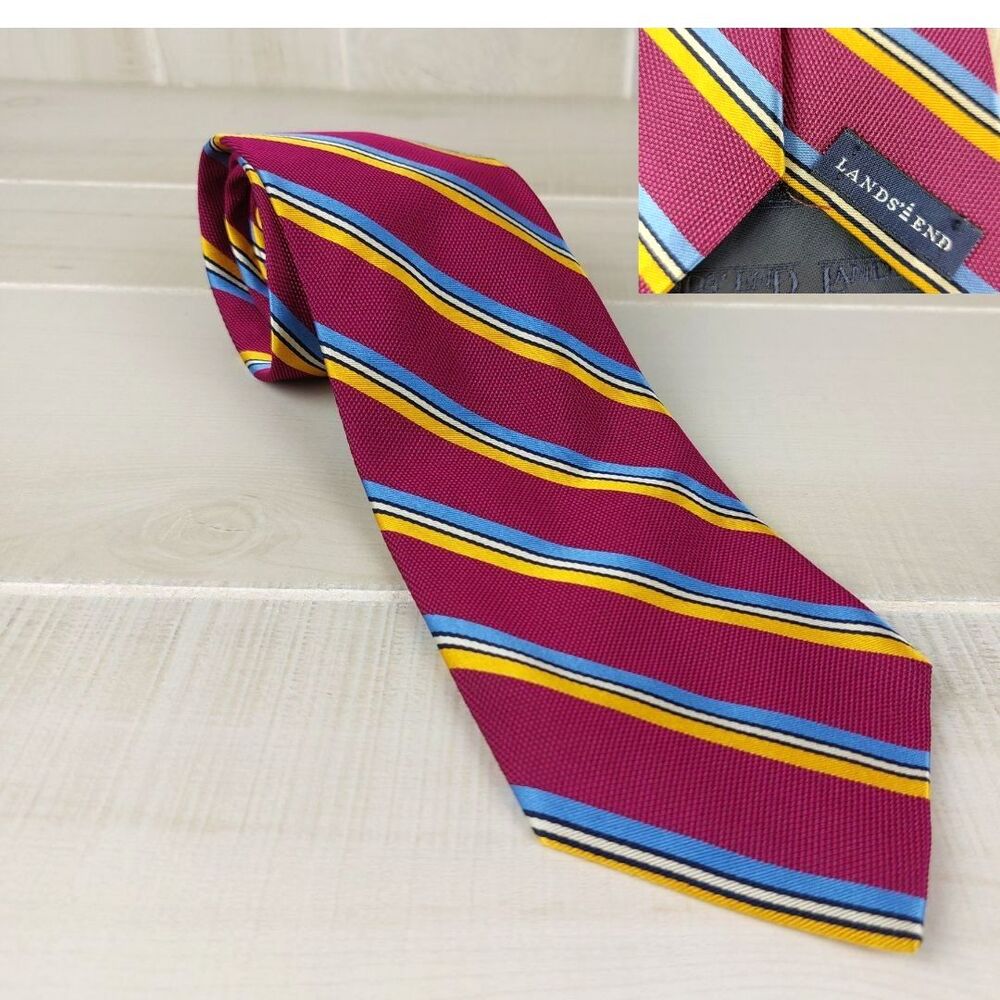 Vtg Lands End Necktie 100% Silk Stripe Pink Blue White 3.5x58.5/8